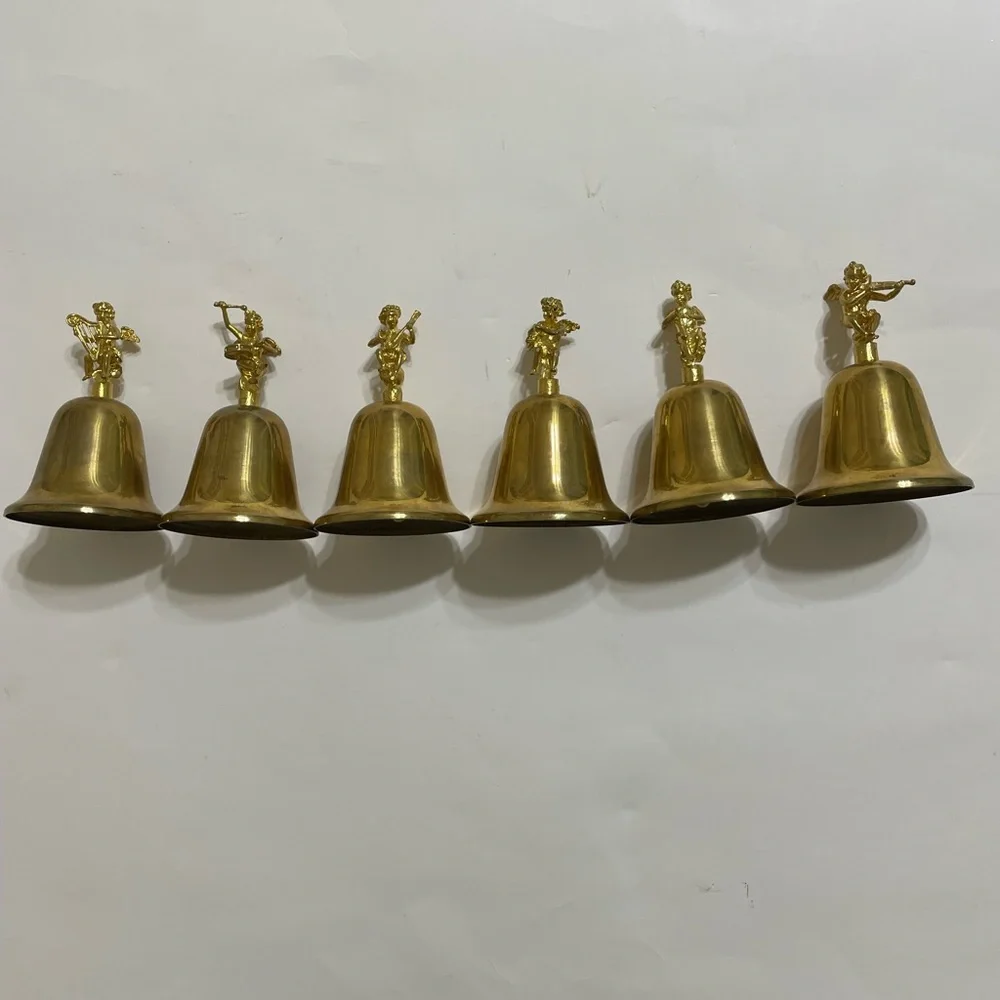 VINTAGE set/6 brass hand bells cherub/angel musical instrument figure handles